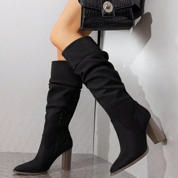 Black Elegant Women's Knee-High Pointed Toe Chunky Block Heel Suede With Side Zi - Picture 4 of 10